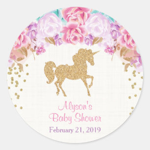 Unicorn baby shower stickers, pink and gold classic round sticker