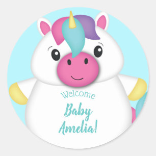 Unicorn Baby Shower Teal Classic Round Sticker
