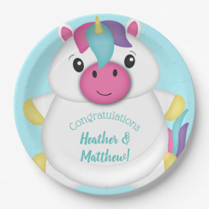 Unicorn Baby Shower Teal Paper Plate