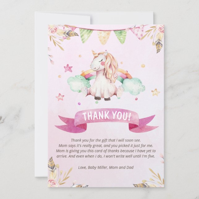 Unicorn baby shower thank you card (Front)