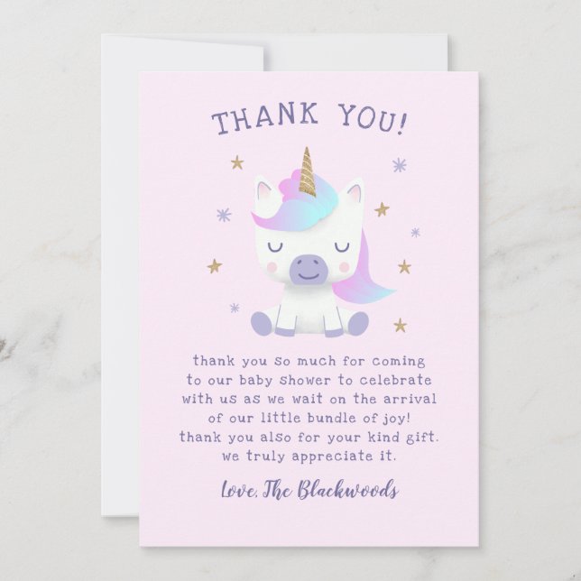 Unicorn Baby Shower Thank You Card (Front)