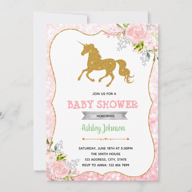 Unicorn baby shower theme party invitation (Front)