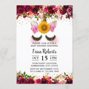 Unicorn Baby Shower Vintage Burgundy Red Floral Invitation