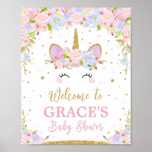 Unicorn Baby Shower Welcome Sign Poster Decor (Front)