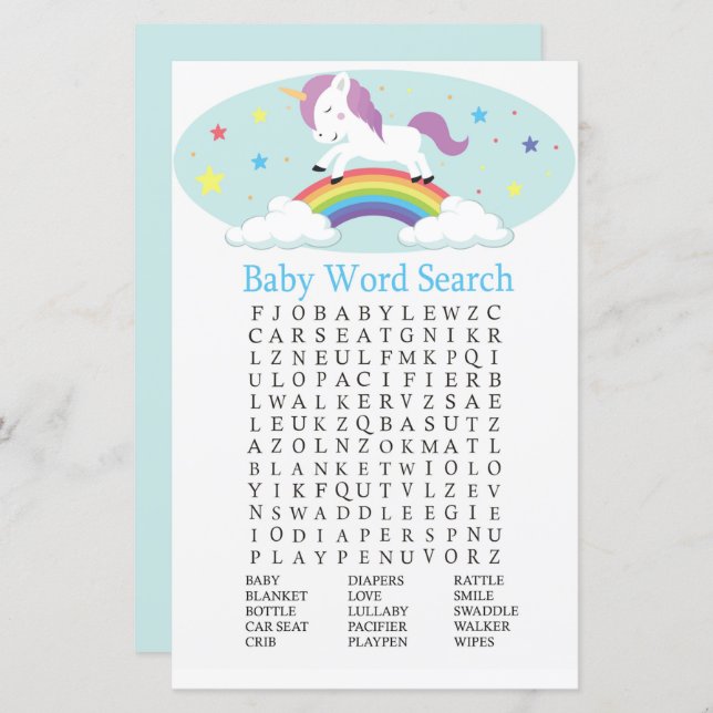 Unicorn Baby Shower Word Search Game (Front/Back)