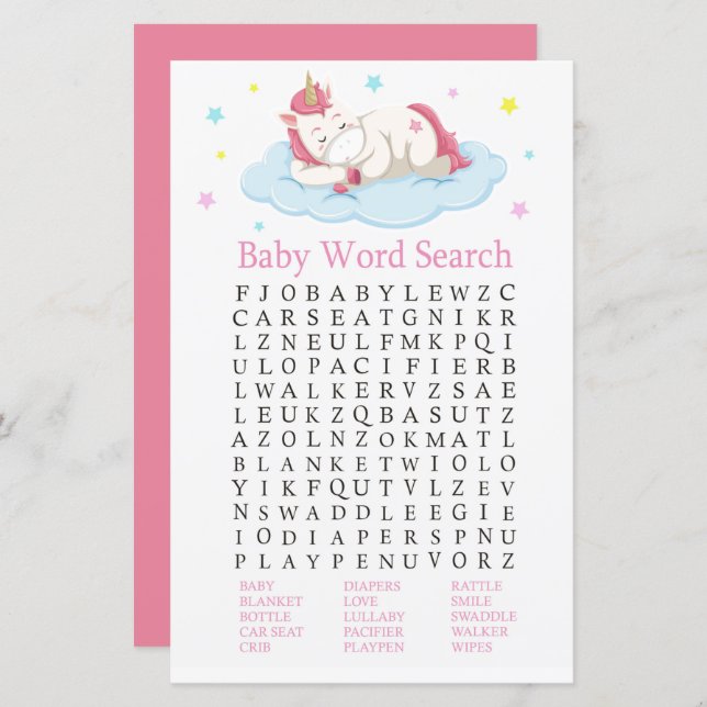 Unicorn Baby Shower Word Search Game (Front/Back)
