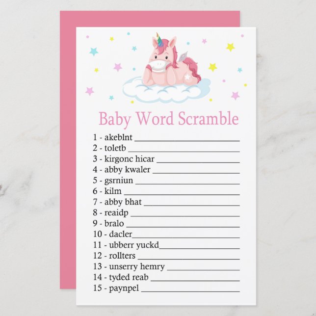 Unicorn Baby word scramble game (Front/Back)