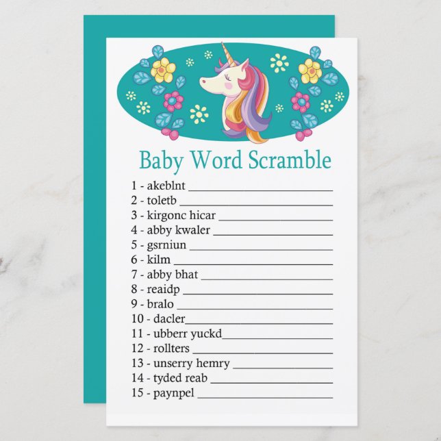 Unicorn Baby word scramble game (Front/Back)