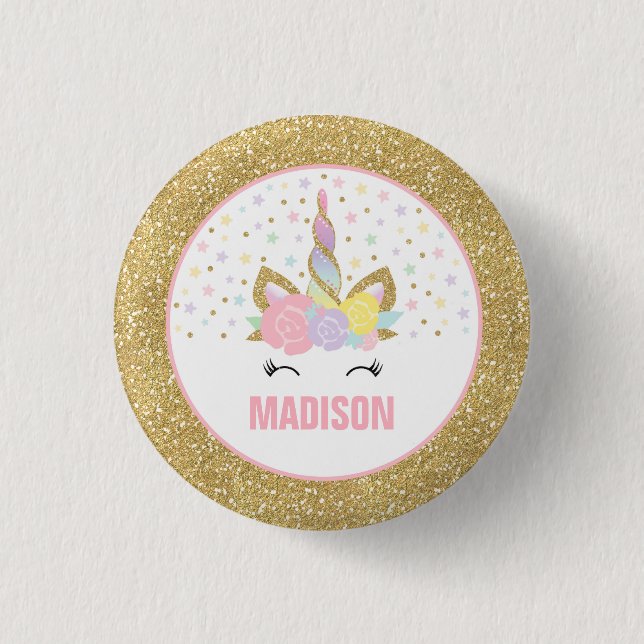 Unicorn Badge Unicorn Favour Party Pin Pink & Gold (Front)