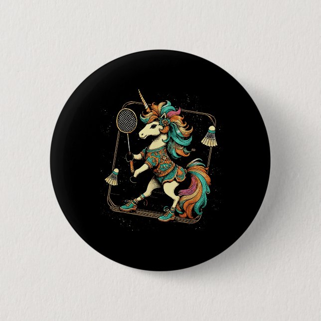 Unicorn Badminton Player Shuttle  6 Cm Round Badge (Front)