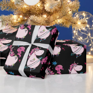 Unicorn ballerina cartoon magical girls pink black wrapping paper
