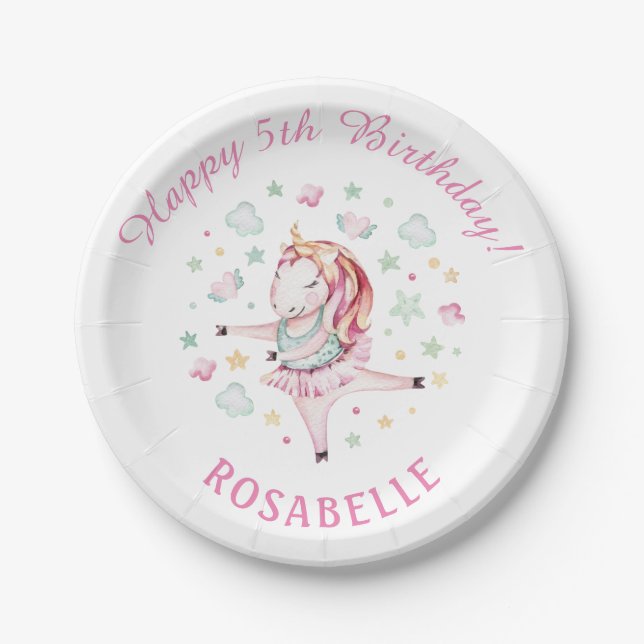 Unicorn Ballerina Girly PInk Birthday Party Paper Plate (Front)