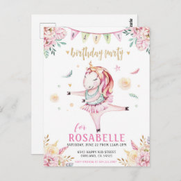 Unicorn Ballerina Pink Floral Birthday Invitation Postcard