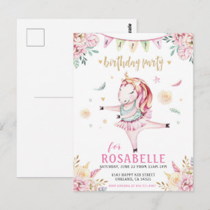 Unicorn Ballerina Pink Floral Birthday Invitation Postcard
