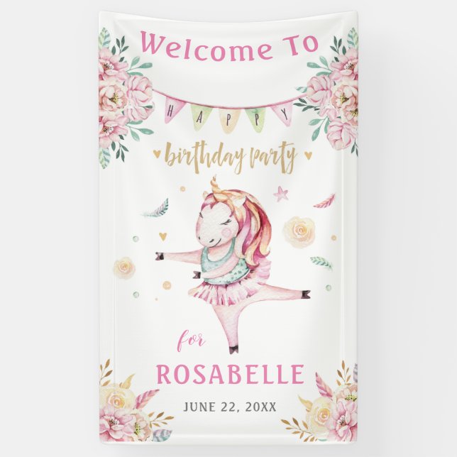 Unicorn Ballerina Pink Floral Birthday Welcome Banner (Vertical)