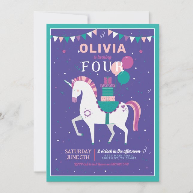Unicorn Balloons Birthday Party Gifts Purple Invitation (Front)