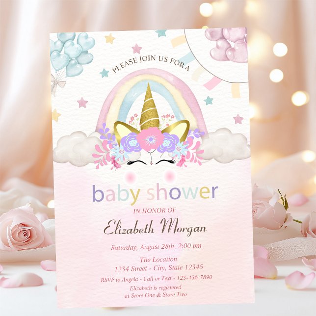 Unicorn,Balloons,Holographic Baby Shower Invitatio Invitation (Creator Uploaded)
