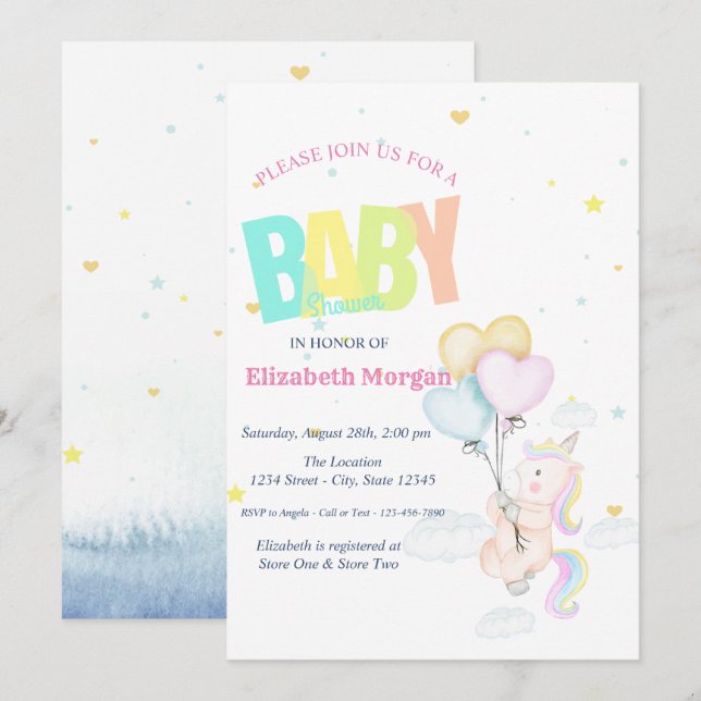 Unicorn,Balloons,Stars Baby Shower Invitation (Front/Back)