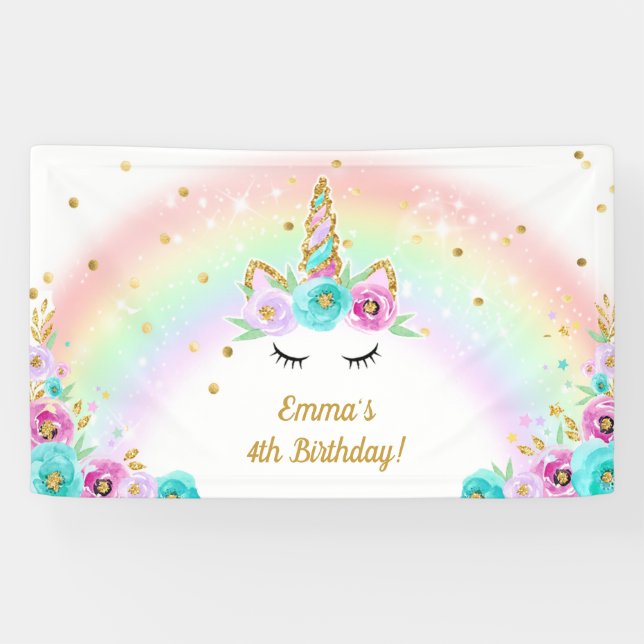 Unicorn banner with flowers and a rainbow (Horizontal)