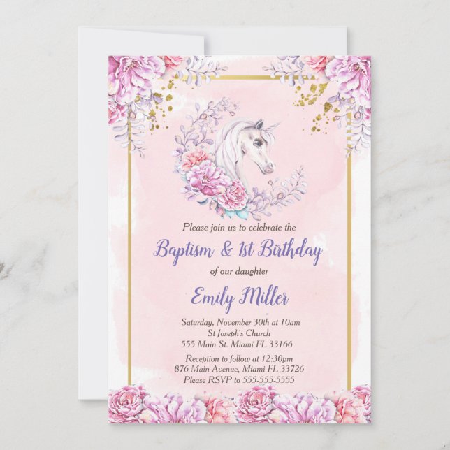 Unicorn baptism and birthday invitation (Front)