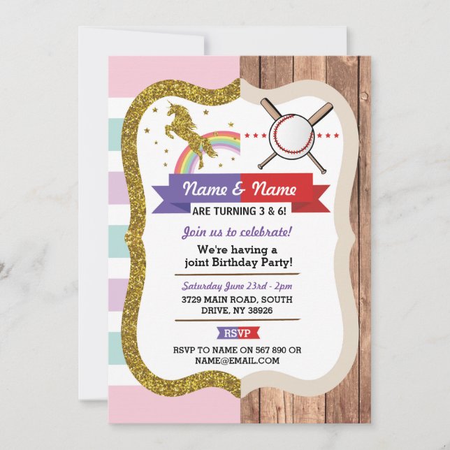 Unicorn & Baseball Joint Boy Girl Birthday Sports Invitation (Front)