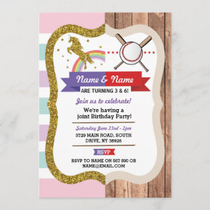 Unicorn & Baseball Joint Boy Girl Birthday Sports Invitation
