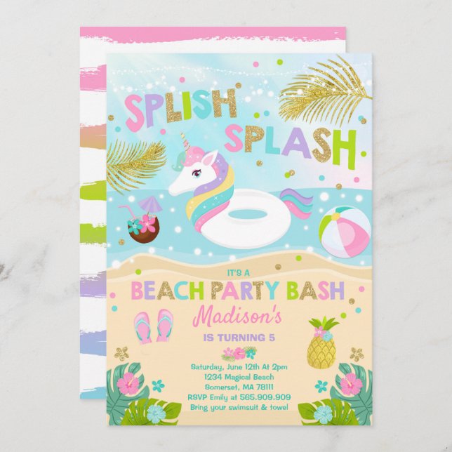 Unicorn Beach Party Invitation Unicorn Pool Float (Front/Back)