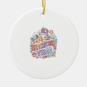 Unicorn Beachicorn Vibes Whimsical White Backgroun Ceramic Tree Decoration