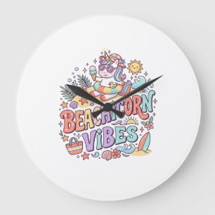 Unicorn Beachicorn Vibes Whimsical White Backgroun Large Clock