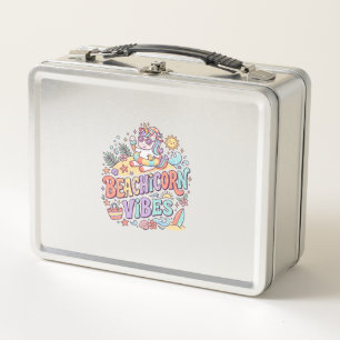 Unicorn Beachicorn Vibes Whimsical White Backgroun Metal Lunch Box