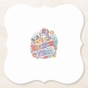 Unicorn Beachicorn Vibes Whimsical White Backgroun Paper Coaster