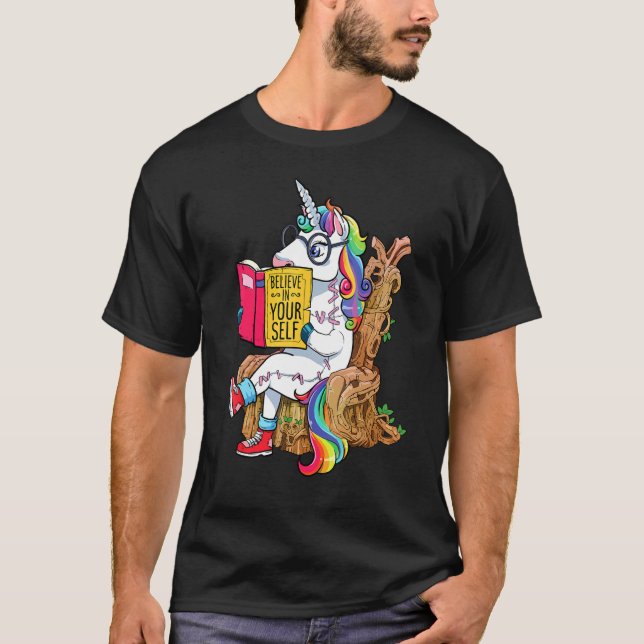 Unicorn Believe In Yourself Motivational Book T-Shirt (Front)
