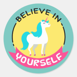 Unicorn "Believe in yourself" motivational drawing Classic Round Sticker