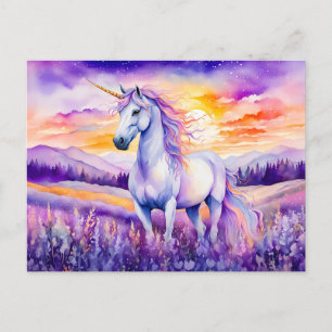 Unicorn Beneath Vibrant Sunset Rainbow Sky Postcard