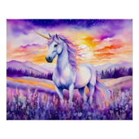 Unicorn Beneath Vibrant Sunset Rainbow Sky