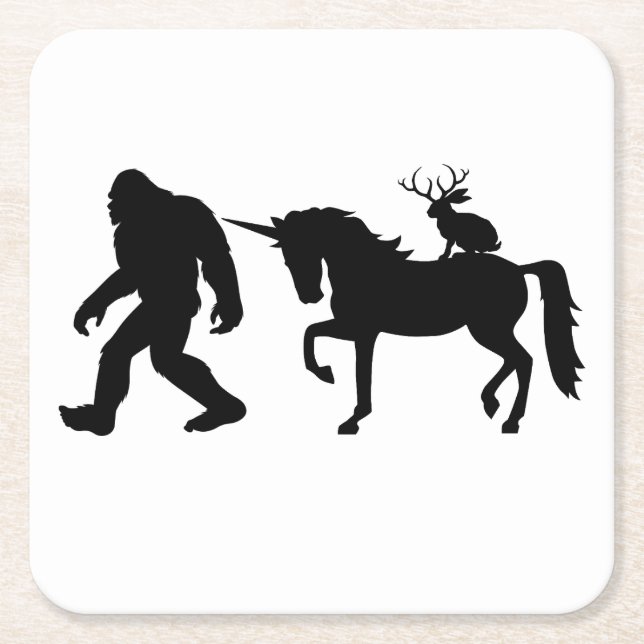 Unicorn, Bigfoot, Jackalope Square Paper Coaster (Front)