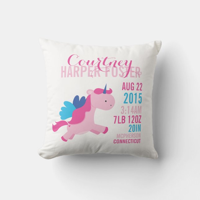 Unicorn Birth Announcement Nursery Pillow (Front)