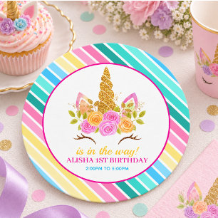Unicorn Birthday 1st Birthday Party Round Paper Coaster