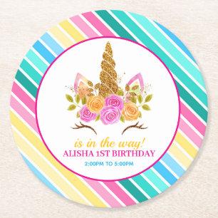 Unicorn Birthday 1st Birthday Party Round Paper Coaster