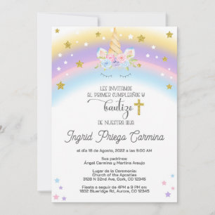 Unicorn birthday baptism invitation Spanish.