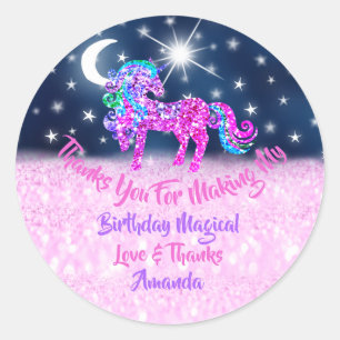 Unicorn Birthday Blue Navy Pink Thanks Stars Magic Classic Round Sticker