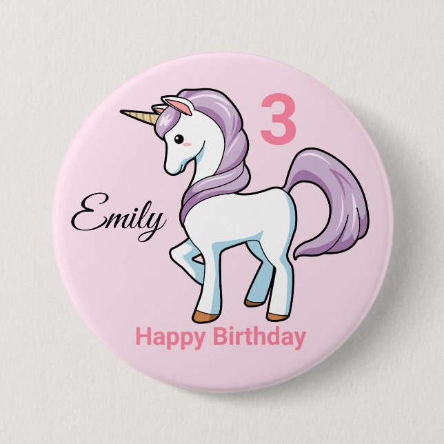 UNICORN Birthday Button Personalise Girls Name Age (Front)