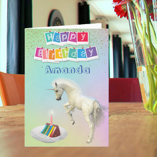 Unicorn Birthday Cake Personalised Happy Birthday Card