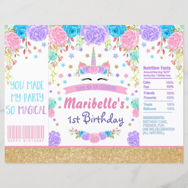 Unicorn Birthday  Chip Bag Wrapper Party Favour (Front)