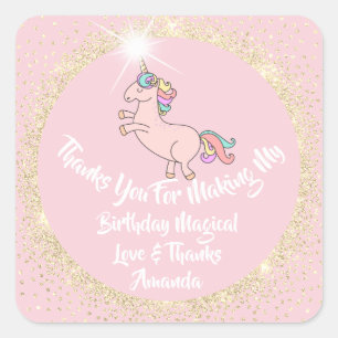 Unicorn Birthday Confetti Pink Thanks Gold Spark Square Sticker