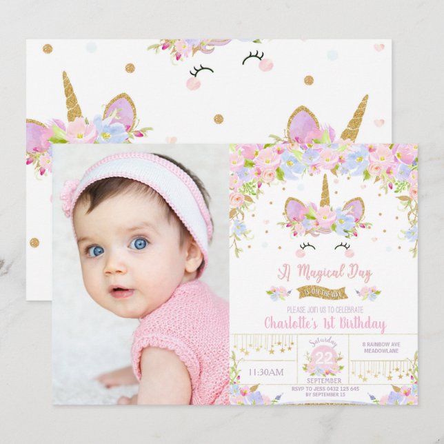 Unicorn Birthday Cute Floral Girls Photo Invitation (Front/Back)