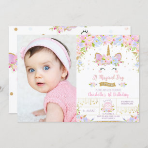 Unicorn Birthday Cute Floral Girls Photo Invitation