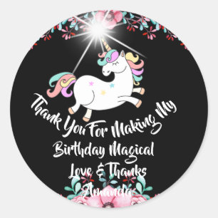 Unicorn Birthday Favour Black Thanks Stars Spark Classic Round Sticker