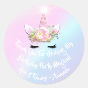 Unicorn Birthday Favour Pink Spark Gold Floral Blu Classic Round Sticker