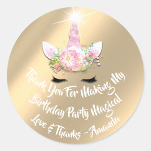Unicorn Birthday Favour Pink Spark Gold Floral Classic Round Sticker